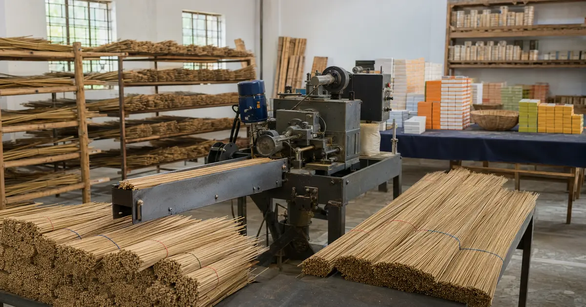 Bamboo incense sticks beside compact production machinery in a clean workshop