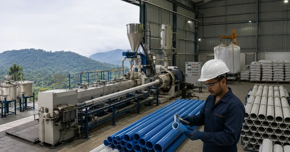 Technician checking rigid PVC pipe beside an extrusion and cooling line in a clean factory
