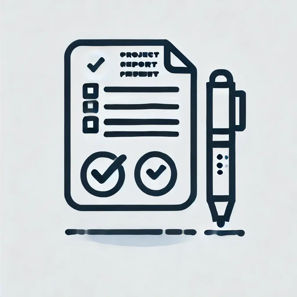 Simple icon representing Project Report Preparation with a document and checkmark, designed in a minimalistic and modern style